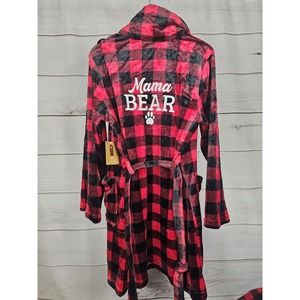 Lets Get Cozy Robe Womens S/M Short Tie Long Sleeve Plaid Mama Bear Pockets #B77